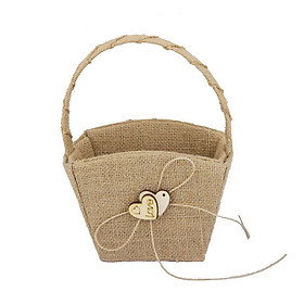 Square Flower Basket with Hemp Rope Bowknot Double Loving Heart Shape Wooden Décor - Hemp yellow