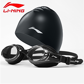Bộ Kính bơi người lớn LI-NING chống tia UV chống sương mù kèm nút bịt tai (Đen) và Nón bơi LI-NING (Đen) - Hàng chính hãng