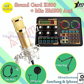 Mua Bộ Mic thu âm BM900 Ami sound card k600 dây livestream MA2 chân kẹp màng lọc sound card k600 có autu tune và bluetooth