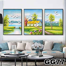 Tranh treo tường canvas khung gỗ 3 bức phong cách hiện đại Bắc Âu tranh phong cảnh trang trí phòng khách phòng ngủ 66