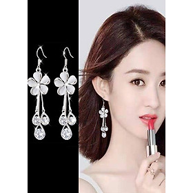 Bông tai nữ hoa đá thả tua đính đá giọt nước dáng dài