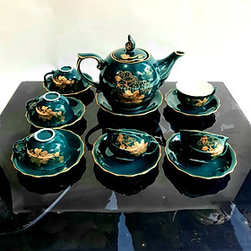 Mua Bộ ấm chén Bát Tràng cao cấp phú quý Mallard màu xanh Arctic họa tiết hoa sen vẽ vàng 24k 