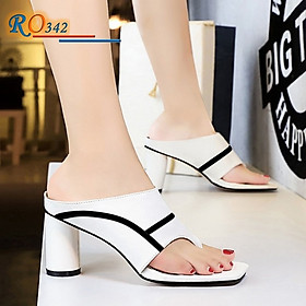 Dép nữ cao gót quai ngang 7 phân hàng hiệu rosata hai màu đen trắng ro342 - Trắng - 36