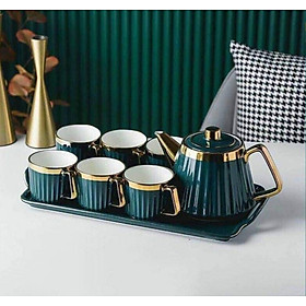 Bộ bình trà ( ấm chén ) kèm khay bằng sứ màu xanh cổ vịt viền vàng cao cấp phong cách Bắc Âu