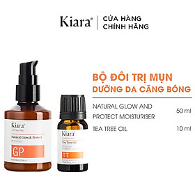 Bộ đôi Chấm mụn Tea Tree Oil 10ml và Kem dưỡng ẩm phục hồi da Kiara Natural Glow & Protect 50ml