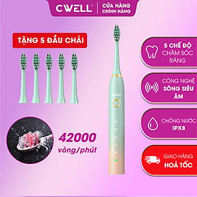 Bàn chải điện CWELL Sonic S1, 5 chế độ chải rung 42.000 lần/p, chống nước IPX8 - Tặng 5 đầu bàn chải