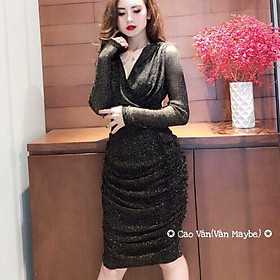 Đầm body nhũ kim tuyến Cao Cấp tay dài cổ V đắp chéo nhúng thân