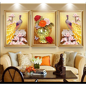 Hình ảnh Bộ 3 tranh treo tường trang trí phòng khách,phòng ăn, phòng ngủ CHIM CÔNG TÀI LỘC PVP_HD49