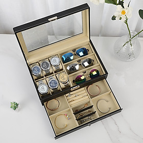 Hộp 2 Tầng Đựng Đồng Hồ, Mắt Kính Và Trang Sức SAIKE SAIKE S633 Vỏ Da Màu Đen