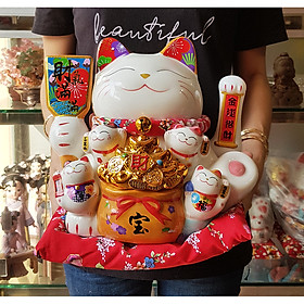Mèo Thần Tài tay vẫy 27cm - Thiên Kim Vạn Lượng (tặng kèm 50 xu vàng mini may mắn)