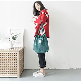 Túi tote đeo vai vải bố canvas trơn T014 nữ logo hình lá đựng đồ đi học, đi chơi mềm đẹp