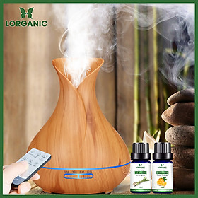 Combo máy khuếch tán/ máy xông tinh dầu bình hoa màu vàng FX2021 + tinh dầu sả chanh + tinh dầu cam Lorganic (10ml x2) LGN0190