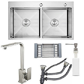 Combo chậu rửa bát 2 hố cân 78x43x22, vòi rửa bát vuông, bộ xả chậu chống hôi, bình xà phòng, rổ đa năng