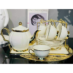 Bộ ấm chén ( bình trà ) sứ kèm khay và giá treo cốc pha trà cà phê cao cấp viền vàng sang trọng 