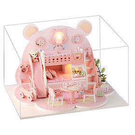 DIY Miniature Dollhouse with Furniture and LED Lights Pink Bear 3D Wooden Doll House Creative Birthdays Festivals