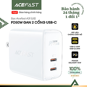 Sạc Acefast PD 50W GaN 2 cổng USB-C (US) - A31 Hàng chính hãng Acefast