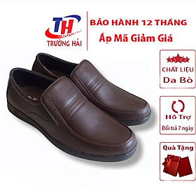 Giày tây nam Trường Hải da bò thật mềm mại không bong tróc không dây mũi tròn màu nâu đế cao su không trơn GT0423