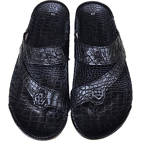 Dép da cá sấu Trường Hải quai ngang xỏ ngón màu đen sang trọng da cá sấu thật sắc sảo  may viền chắc chăn, đế kếp mềm dẻo không trơn DN0789