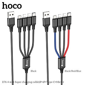 Cáp Sạc Dành Cho Hoco. X76 Super 4 Trong 1 2.0A Cổng IP * 2 + TypeC + Micro Dây Dài 1m Hàng Chính Hãng