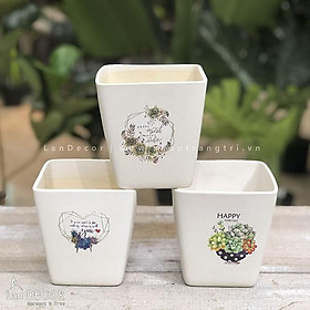 Chậu gốm trồng cây vuông vát in hình đẹp, hiện đại LanDecor - BG490