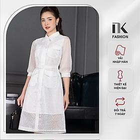 Đầm Sơ Mi Giao Cúc Voan Kẻ Ô Công Sở NK Fashion Tay Lửng Kèm Đai Thanh Lịch NKDV2206004