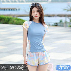 Bộ bơi nữ dáng áo thun ngắn tay quần short đùi 2 lớp kín đáo, có sẵn đệm ngực tròn, thiết kế trẻ trung, dấu bụng tốt, chất thun bơi Hàn cao cấp | KT300