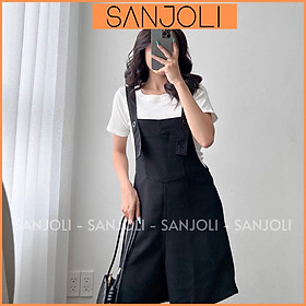 Quần Short Nữ SANJOLI Quần Yếm Ngắn Form Rộng Dây Đeo Có Thể Điều Chỉnh Vải Cotton Có Túi Vintage Màu Nâu Đen QD015