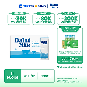 [05-09.08 QT Đơn Từ 999K] Thùng 48 hộp sữa tươi tiệt trùng Dalatmilk ít đường 180ml