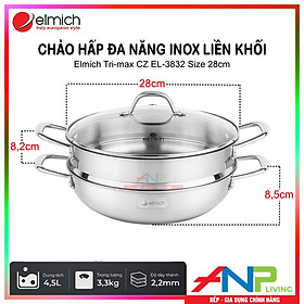 Mua Chảo Xào (Nồi Lẩu) kèm Xửng Hấp Liền Khối Elmich Tri-max CZ EL-3832 (Đường kính 28cm  Dung Tích 4 5L) - Hàng Chính Hãng