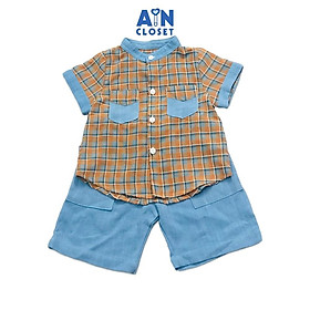 Bộ quần áo ngắn bé trai họa tiết Sơ mi caro xanh cotton - AICDBTD5HE7V - AIN Closet