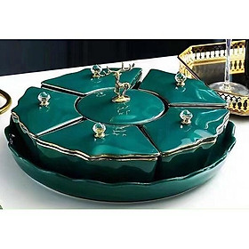 Mua KHAY ĐỤNG MỨT TẾT BẰNG SỨ XƯƠNG CAO CẤP 6 NGĂN MÀU XANH CỔ VỊT VIỀN VÀNG SANG TRỌNG