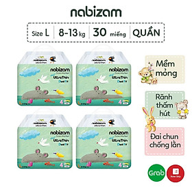 COMBO 4 Tã/Bỉm Quần Nabizam Ultra Thin Nội Địa Hàn Cao Cấp Mỏng Nhẹ Phù Hợp Cho Ban Đêm Size L Từ 8-13kg, 30 Miếng/Bịch