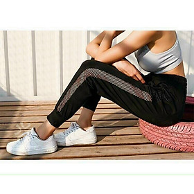 Quần Jogger Thể Thao Nữ Phối Lưới Có Dây Rút Và Bo Gấu - Thun 4 Chiều Không Xù Lông