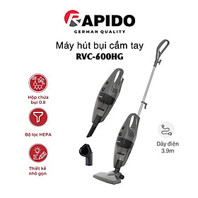 Máy hút bụi cầm tay Rapido RVC-600HG 600W thương hiệu Đức siêu mạnh 15000Pa với 3 đầu hút đa năng - Hàng chính hãng