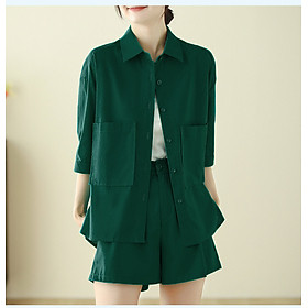 Bộ đồ cho nữ 2 chi tiết gồm áo sơ mi có túi và quần short dáng chữ A, set linen nữ hàn quốc