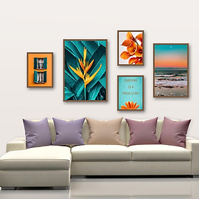 Tranh Canvas treo tường phòng khách, phòng ăn - Bộ 05 tranh chủ đề Tropical tặng kèm khung và đinh treo tường