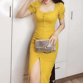 Đầm tay nhí cổ chữ U đóng nút vãi