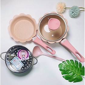 Mua Bộ 3 chi tiết   nồi chảo men đá chống dính  kèm hấp nấu đồ ăn dặm cho bé dùng được bếp từ
