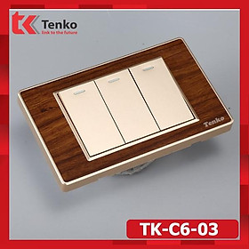 Công Tắc 3 Hạt VÂN GỖ Bo Viền Vàng - Mẫu Mã Dễ Thiết Kế Với Nhà Gỗ Vân Giả Gỗ - Thương Hiệu Nhật Bản Tenko TK-C6-03