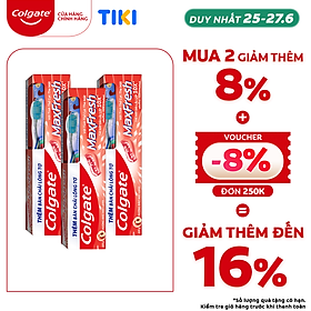 Bộ 3 Kem đánh răng Colgate MaxFresh Hương Đào Mát Lạnh 225g tặng kèm bàn chải