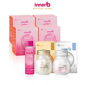 Combo thực phẩm bảo vệ sức khỏe InnerB Aqua Rich Doubleup (56 viên) & Innerb Snow White (28g) & 4 hộp 6 chai nước uống Collagen vitamin C sáng da InnerB Glowshot (50ml x 6)