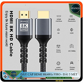Cáp HDMI 2.1 8K 60Hz/48Gbps - Dây HDMI FIRO ATMOS Dài 5 Mét - Dây Cáp HDMI 2.1 8K/60Hz/48Gbps - 4K/120Hz - 2K/144Hz - Dài 5 Mét Lõi Dù Dùng Cho Tivi/ Laptop/ Máy Tính/ Playstation - Hàng Chính Hãng