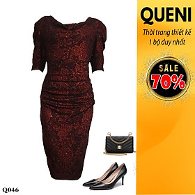 Đầm trung niên cổ rũ co giãn cao cấp thời trang thiết kế Queni Fashion Q005