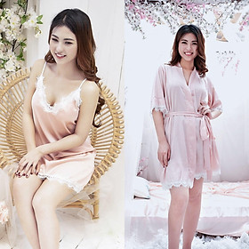 Combo áo choàng +váy ngủ lụa cao cấp tặng kèm chip ren xinh xắn-Màu