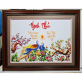 Mua Tranh thêu đôi chim công chữ thư pháp -Hạnh Phúc