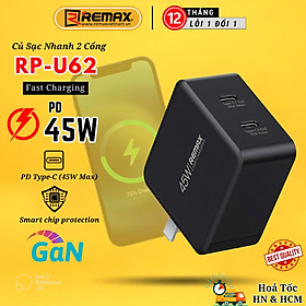 Mua Củ sạc nhanh GaN công suất 45W Remax RP-U62 chuẩn kép PD + QC 3.0 - Hàng chính hãng Remax Bảo Hành 12 Tháng 1 Đổi 1