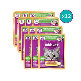 [Hộp 12 Gói] Thức Ăn Cho Mèo WHISKAS 1+ years Vị Cá Ngừ, Cá Trắng 80g/Gói