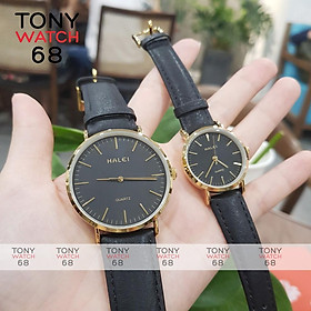 Đồng hồ nam Halei dây da nâu mặt số vạch chính hãng Tony Watch 68