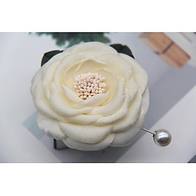 Hoa cài áo Handmade Vải lụa gấm Hoa hồng channel Nhụy hạt - Màu trắng sữa