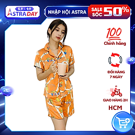 Đồ bộ Pyjama lụa, đồ mặc nhà nữ VILADY  - B134 kiểu quần đùi tay cộc, họa tiết siêu dễ thương, chất liệu lụa Pháp ( lụa latin) - Màu cam